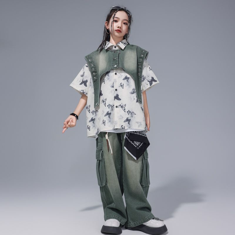 街舞児童潮服揚げ街馬甲セット夏少年hiphop演出服男女童ヒップホップ演出服