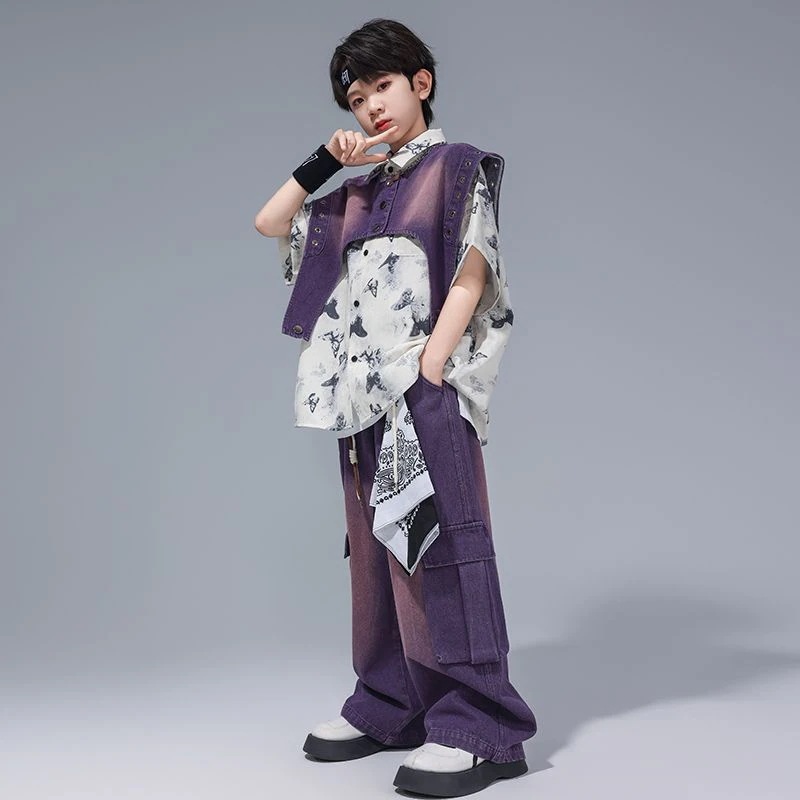 街舞児童潮服揚げ街馬甲セット夏少年hiphop演出服男女童ヒップホップ演出服