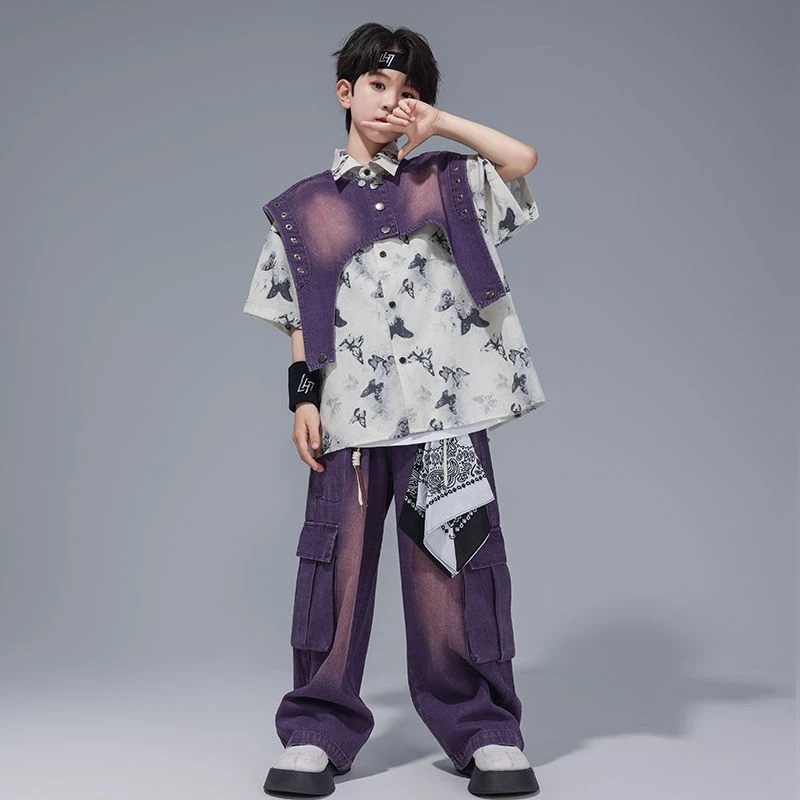 街舞児童潮服揚げ街馬甲セット夏少年hiphop演出服男女童ヒップホップ演出服