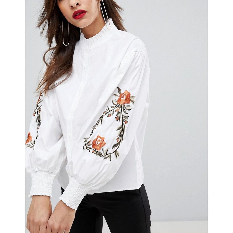 マンゴ レディース トップス ブラウス・シャツ【Mango Embroidered Sleeve Shirt】White マンゴ レディース トップス ブラウス・シャツ【Mango Embroidered Sleeve Shirt】White