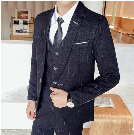 メンズスーツ スーツ メンズ フォーマル ベストスーツ 3ピーススーツ ストライプ 背広 長袖 ビジネススーツ ジャケットスーツ 1つボタン 大きいサイズ リクルートスーツ 卒業式 面接 入学式 花婿