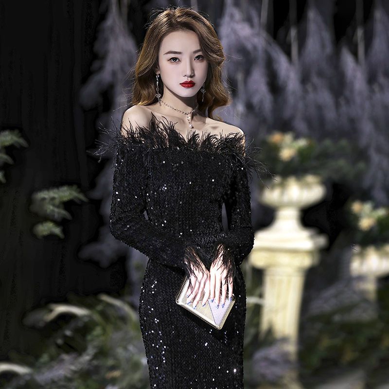 女性用イブニングドレスバンケット気質テールスパンコール羽エレガントなホスト長袖ロングダイヤモンドジュエリー 女性用イブニングドレスバンケット気質テールスパンコール羽エレガントなホスト長袖ロングダイヤモンドジュエリー