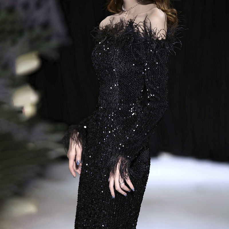 女性用イブニングドレスバンケット気質テールスパンコール羽エレガントなホスト長袖ロングダイヤモンドジュエリー 女性用イブニングドレスバンケット気質テールスパンコール羽エレガントなホスト長袖ロングダイヤモンドジュエリー