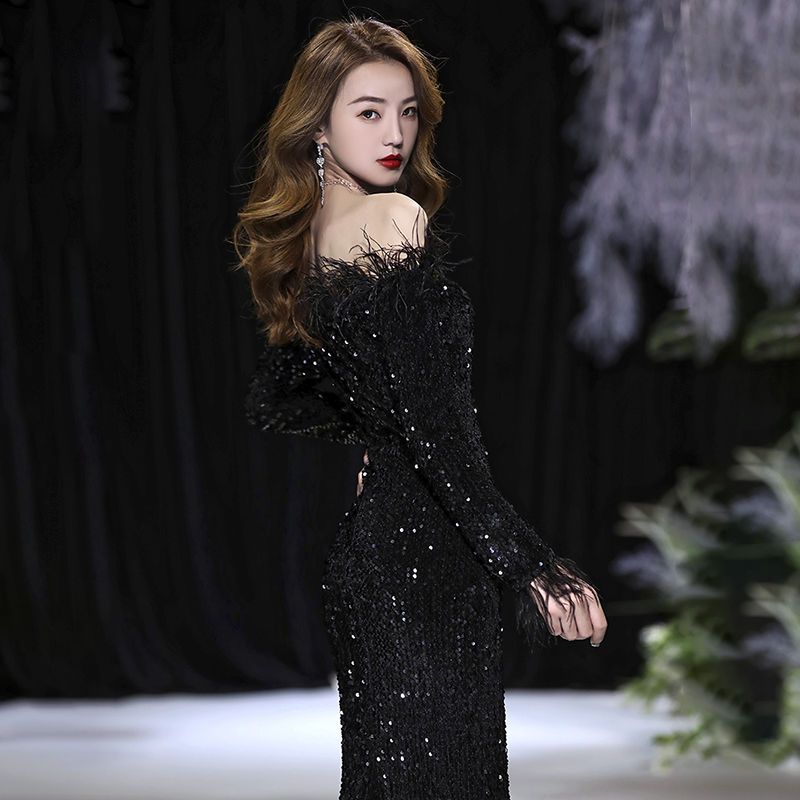女性用イブニングドレスバンケット気質テールスパンコール羽エレガントなホスト長袖ロングダイヤモンドジュエリー 女性用イブニングドレスバンケット気質テールスパンコール羽エレガントなホスト長袖ロングダイヤモンドジュエリー