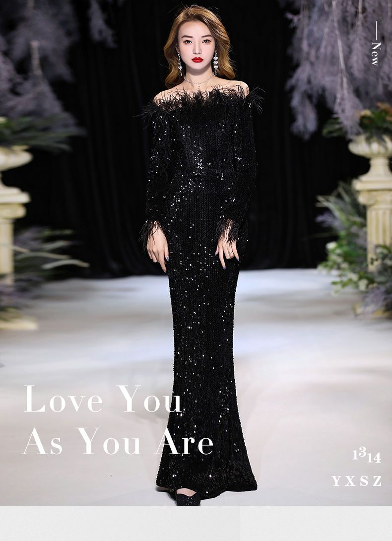 女性用イブニングドレスバンケット気質テールスパンコール羽エレガントなホスト長袖ロングダイヤモンドジュエリー 女性用イブニングドレスバンケット気質テールスパンコール羽エレガントなホスト長袖ロングダイヤモンドジュエリー