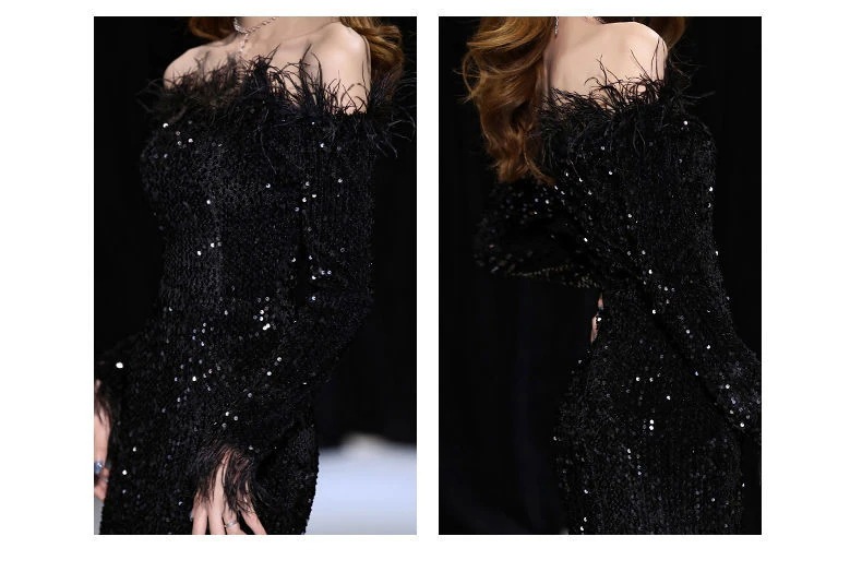 女性用イブニングドレスバンケット気質テールスパンコール羽エレガントなホスト長袖ロングダイヤモンドジュエリー 女性用イブニングドレスバンケット気質テールスパンコール羽エレガントなホスト長袖ロングダイヤモンドジュエリー