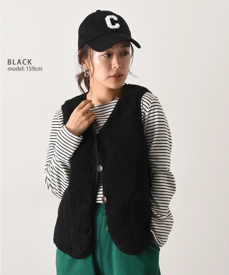 ノーカラーパイピングボアベスト レディース 秋冬 秋 冬 前開き おしゃれ Vネック あったか 暖かい 防寒 軽い アウター 羽織り 重ね着 レイヤード ゆったり ワンマイル リラックス カジュアル