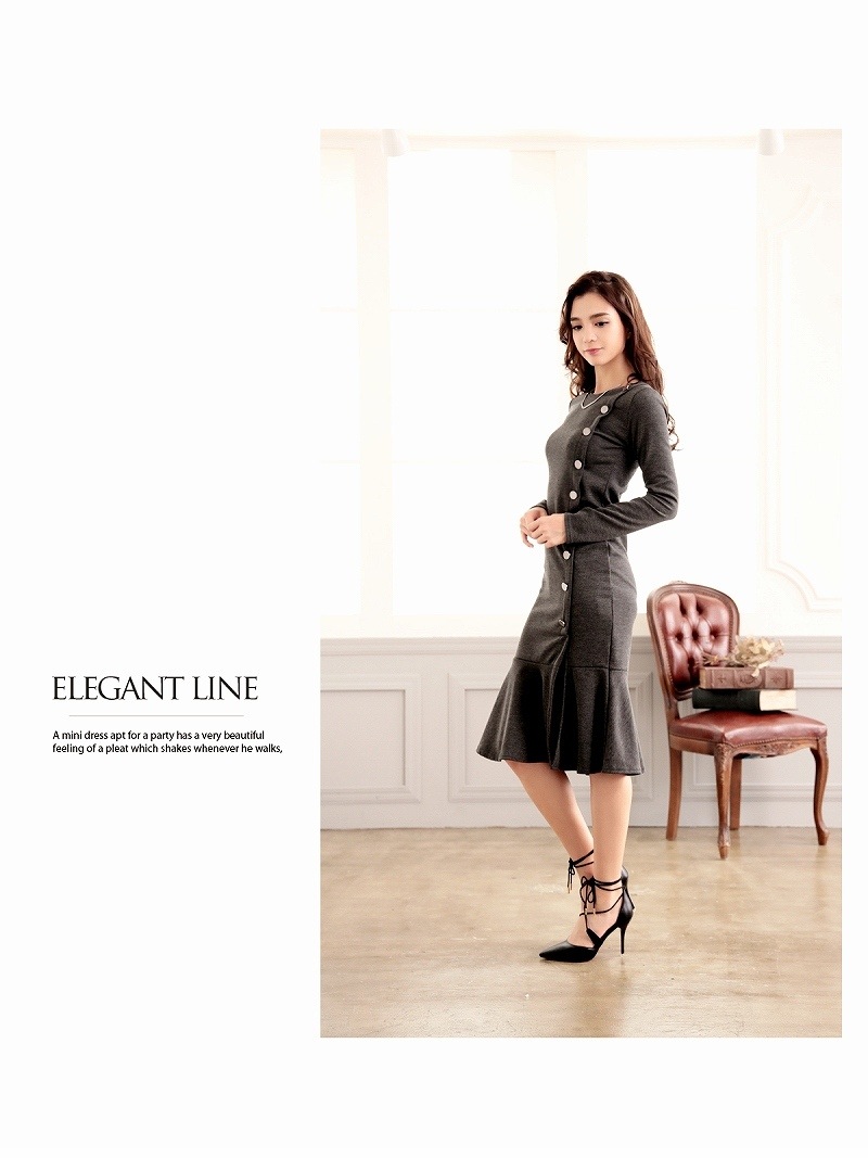 韓国ドレス キャバ ストレッチ 長袖 ミディアム丈 オルチャン 韓国 裾フリル ワンピース タイト DaysPiece