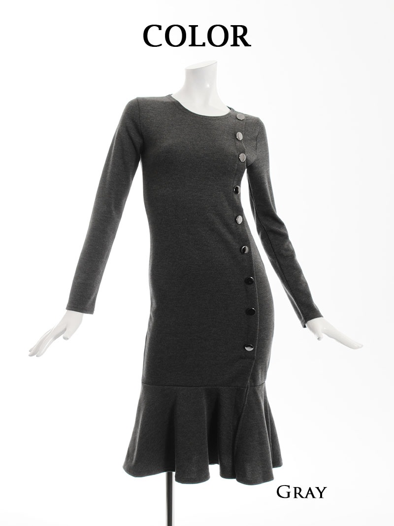 韓国ドレス キャバ ストレッチ 長袖 ミディアム丈 オルチャン 韓国 裾フリル ワンピース タイト DaysPiece