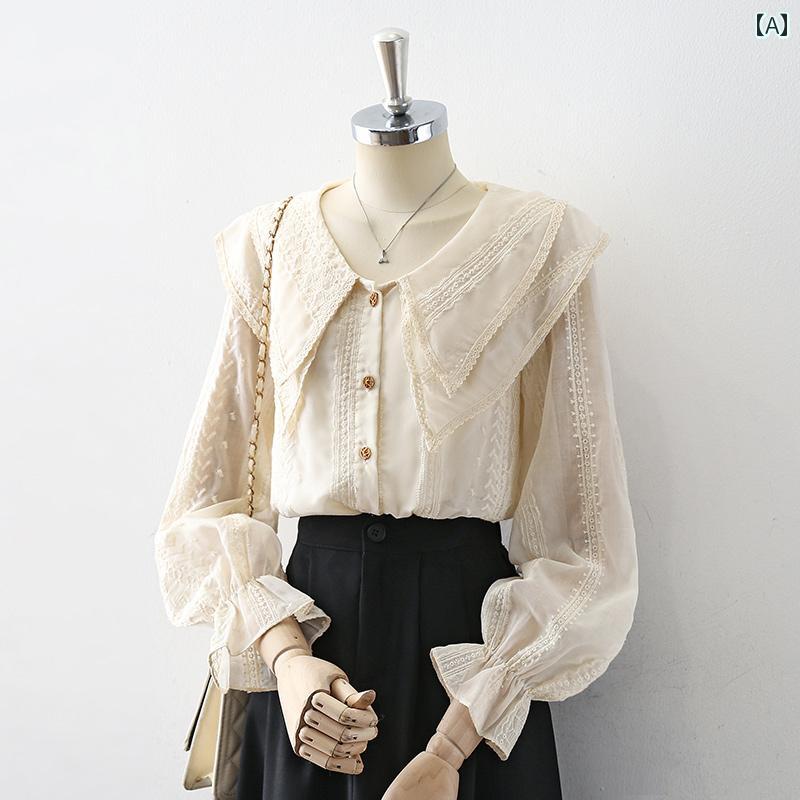 レディース シャツ ブラウス 長袖 春秋 二層の大きめなドール襟 アイボリー 韓国風 フレンチレース刺繍 ベルスリープ/フリル刺繍 おしゃれボタン ロマンティック ガーリー フェミニン モダン レディース シャツ ブラウス 長袖 春秋 二層の大きめなドール襟 アイボリー 韓国風 フレンチレース刺繍 ベルスリープ/フリル刺繍 おしゃれボタン ロマンティック ガーリー フェミニン モダン
