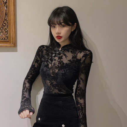 極美品✨ ファー トップス チャイナ ベロア シースルー 華やか 黒 F 高級感 ジャケット・アウター