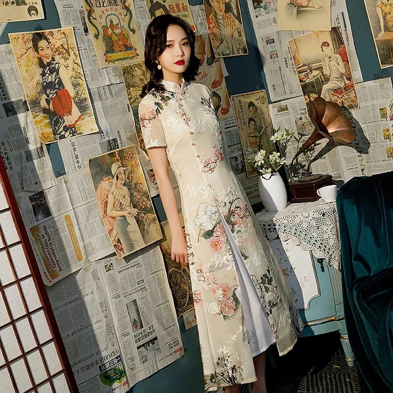 新雪刺繍チャイナドレス七分袖長袖アオザイチャイナドレスワンピースドレスその他 ワンピースドレス