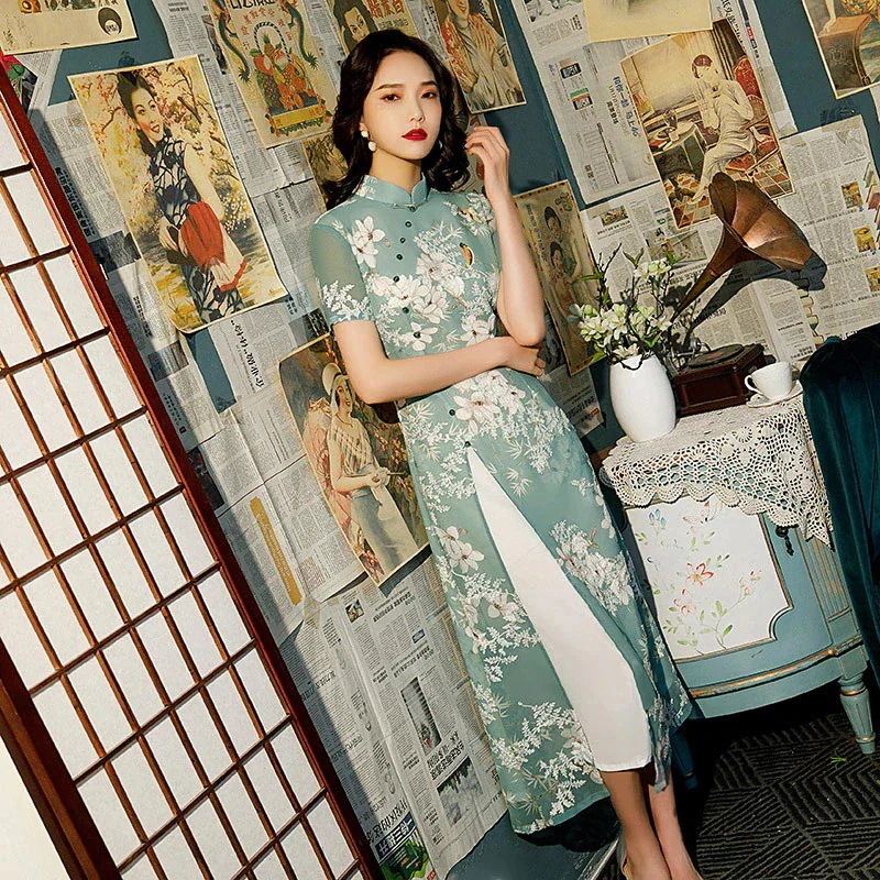 新雪刺繍チャイナドレス七分袖長袖アオザイチャイナドレスワンピースドレスその他 ワンピースドレス