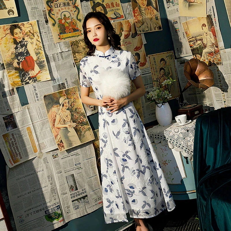 新雪刺繍チャイナドレス七分袖長袖アオザイチャイナドレスワンピースドレスその他 ワンピースドレス
