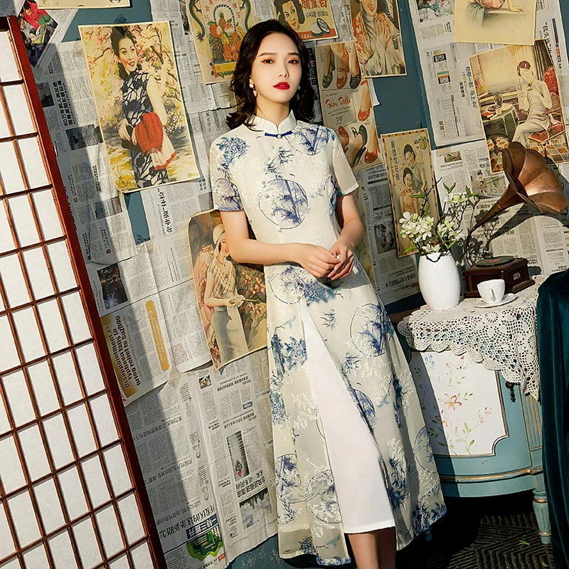 新雪刺繍チャイナドレス七分袖長袖アオザイチャイナドレスワンピースドレスその他 ワンピースドレス