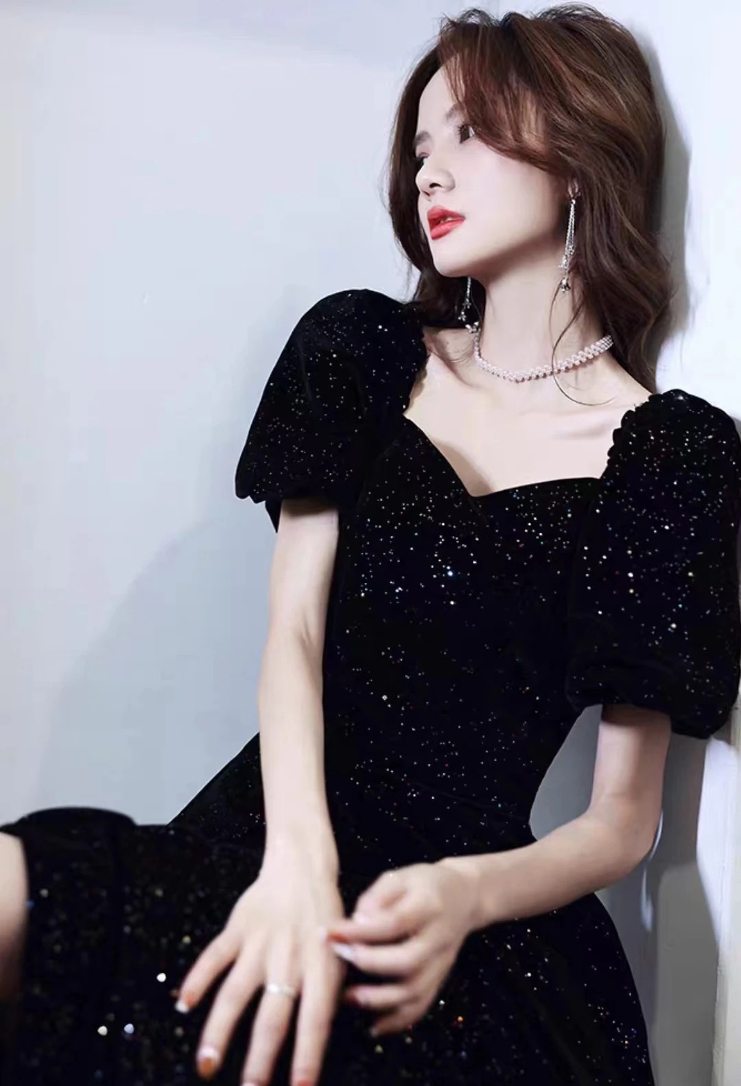 黒のイブニングドレスフレンチドレスエレガントな星空宴会ベルベットホスト学生卒業式ドレススカート女性 黒のイブニングドレスフレンチドレスエレガントな星空宴会ベルベットホスト学生卒業式ドレススカート女性