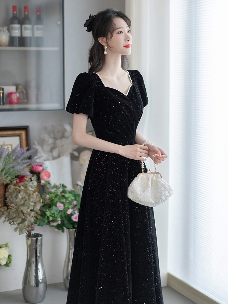 黒のイブニングドレスフレンチドレスエレガントな星空宴会ベルベットホスト学生卒業式ドレススカート女性 黒のイブニングドレスフレンチドレスエレガントな星空宴会ベルベットホスト学生卒業式ドレススカート女性