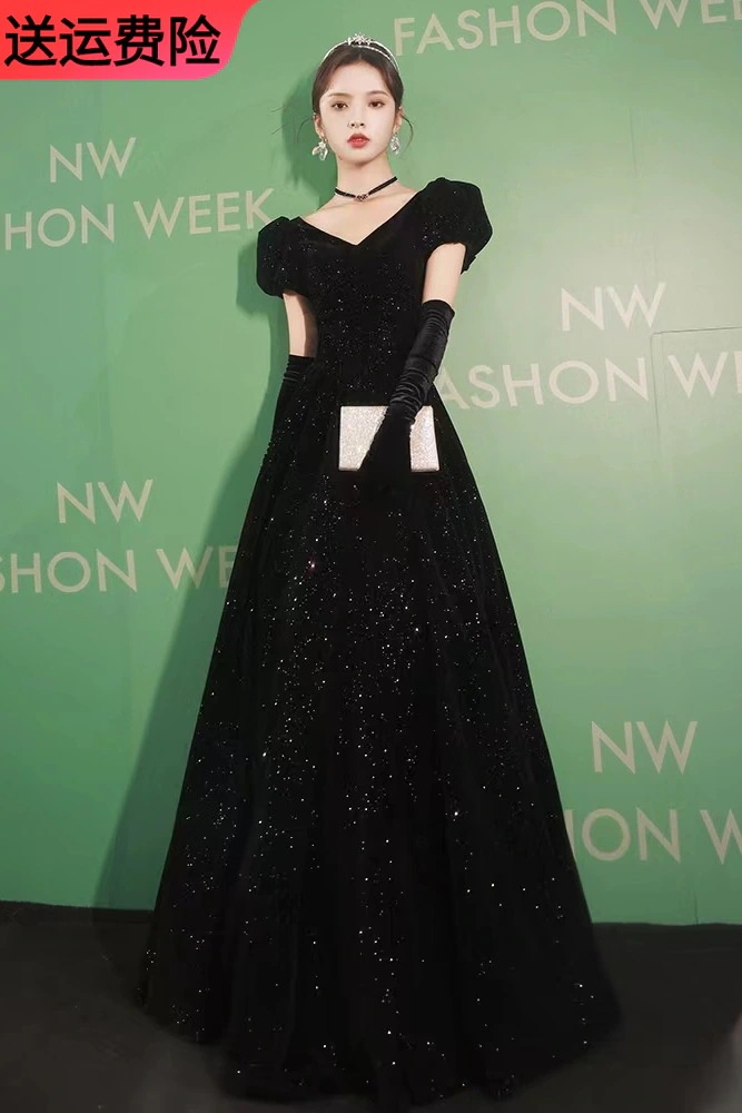 黒のイブニングドレスフレンチドレスエレガントな星空宴会ベルベットホスト学生卒業式ドレススカート女性 黒のイブニングドレスフレンチドレスエレガントな星空宴会ベルベットホスト学生卒業式ドレススカート女性