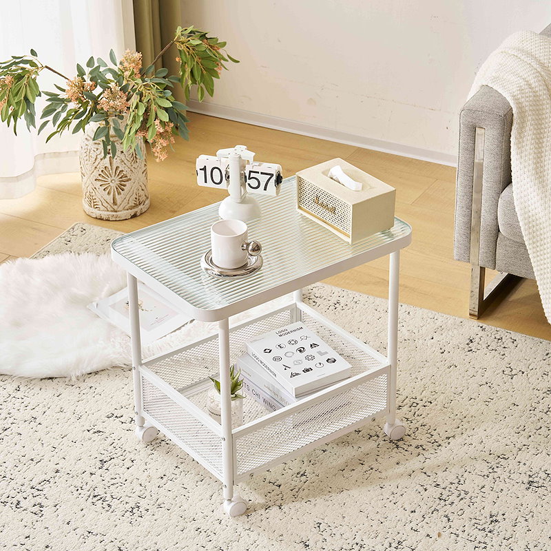 サイドテーブル リビングテーブル センターテーブル サイドワゴン キャスター付き ワゴン センターテーブル ガラス おしゃれ テーブル ガラス天板 コンパクト リビングテーブル 収納付き