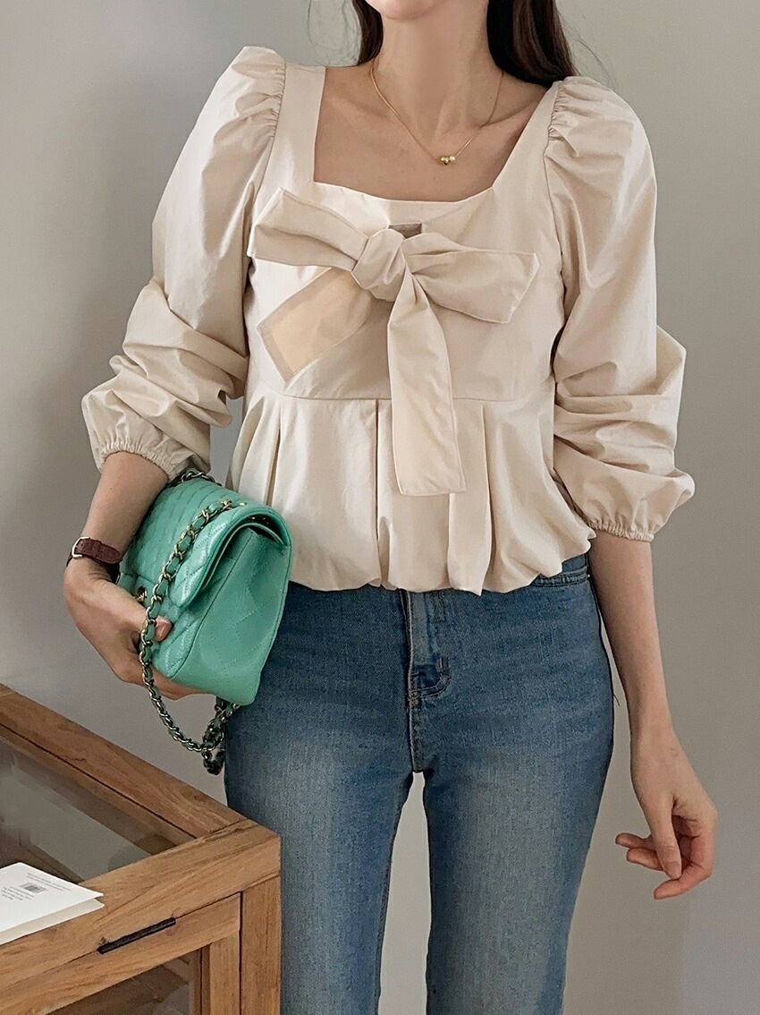 [メガ割りSALE]リボンスクエアネックバルーンペプラムパフブラウス