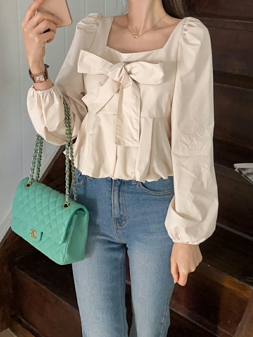 [メガ割りSALE]リボンスクエアネックバルーンペプラムパフブラウス