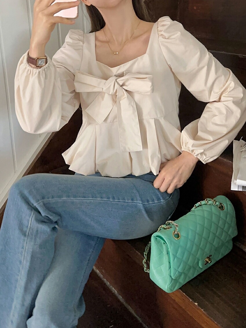 [メガ割りSALE]リボンスクエアネックバルーンペプラムパフブラウス