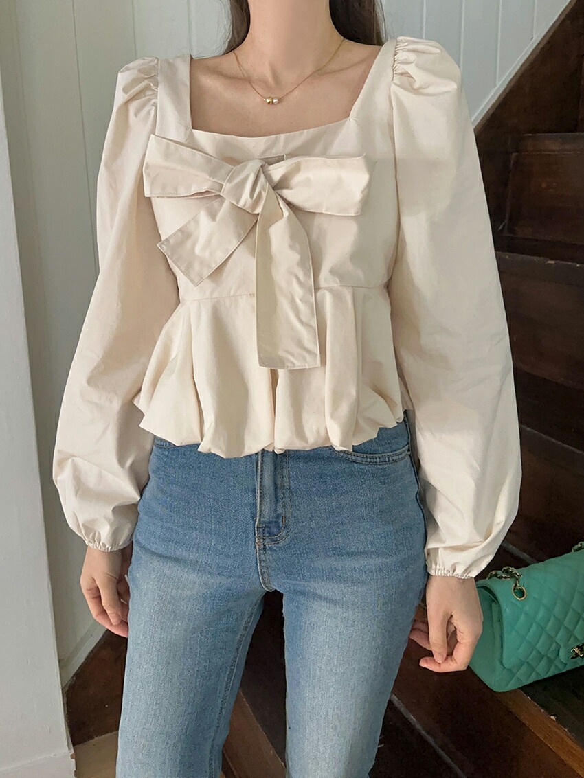 [メガ割りSALE]リボンスクエアネックバルーンペプラムパフブラウス