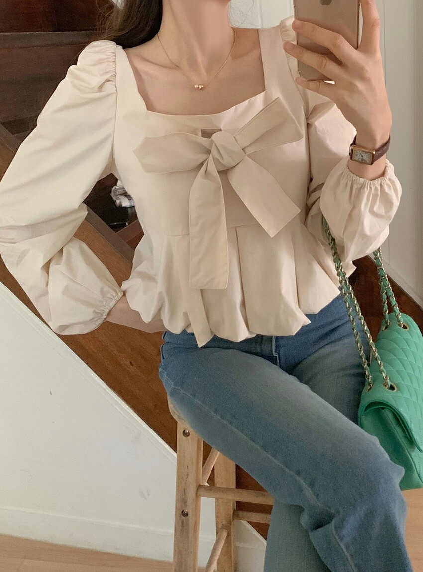[メガ割りSALE]リボンスクエアネックバルーンペプラムパフブラウス