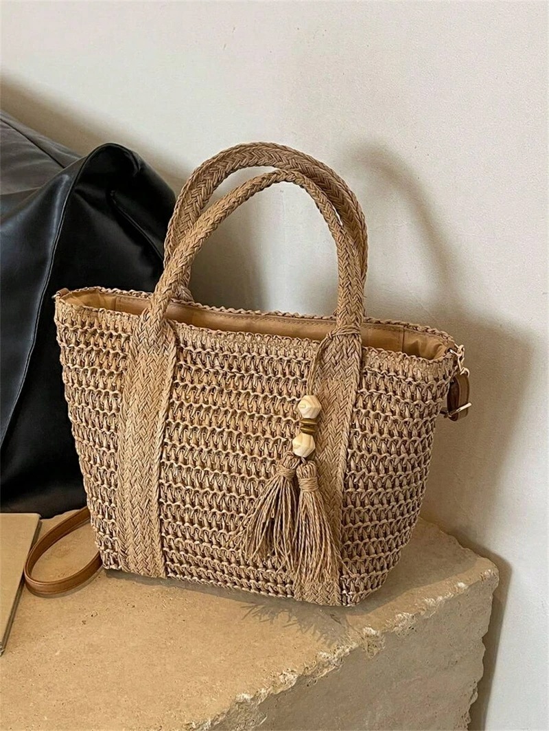 ホリデー柄 編み込みトートバッグファッショナブル 編み込みビーチバッグランチボックスバッグ無地 手作り編み込みバッグタッセル付きショルダーストラップカジュアル女性 バッグギフトに最適 - 編み込みバッ