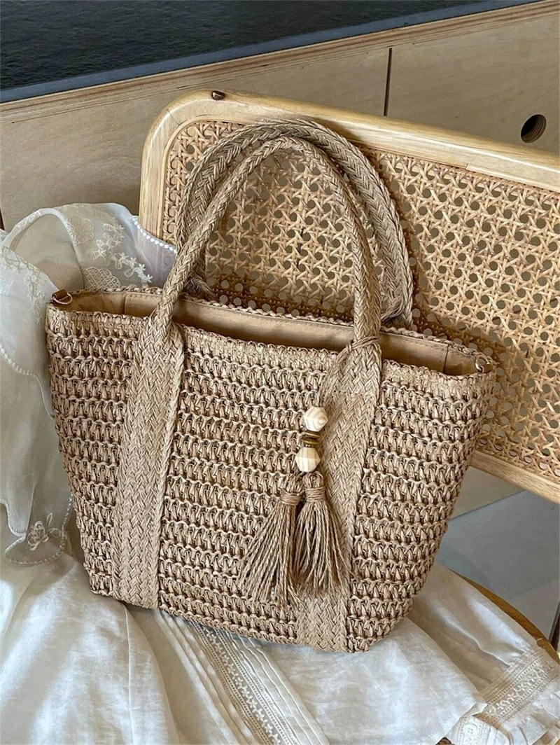ホリデー柄 編み込みトートバッグファッショナブル 編み込みビーチバッグランチボックスバッグ無地 手作り編み込みバッグタッセル付きショルダーストラップカジュアル女性 バッグギフトに最適 - 編み込みバッ