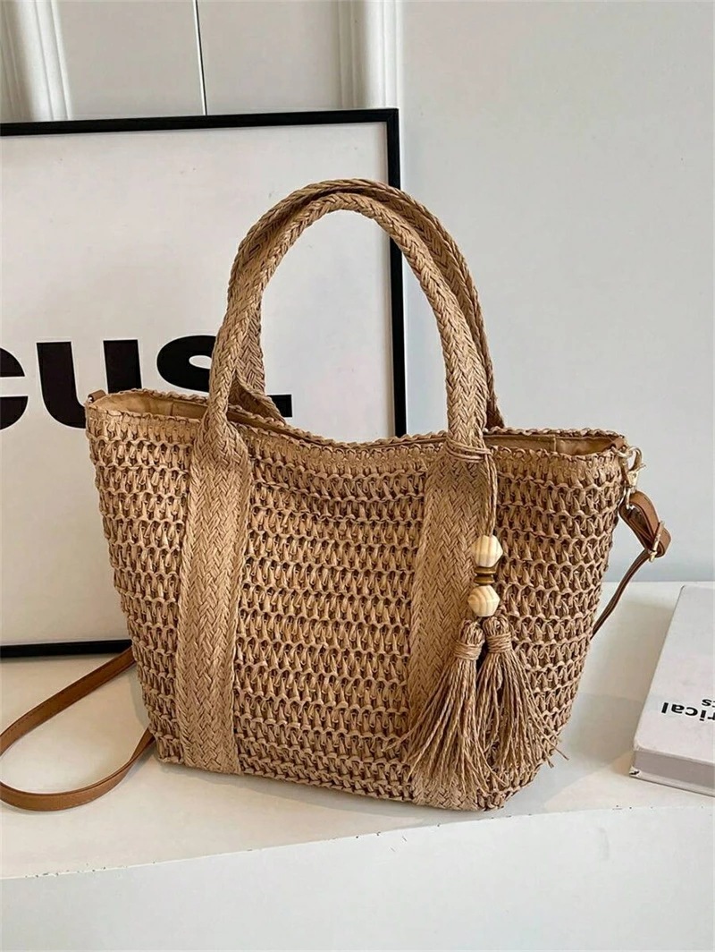 ホリデー柄 編み込みトートバッグファッショナブル 編み込みビーチバッグランチボックスバッグ無地 手作り編み込みバッグタッセル付きショルダーストラップカジュアル女性 バッグギフトに最適 - 編み込みバッ