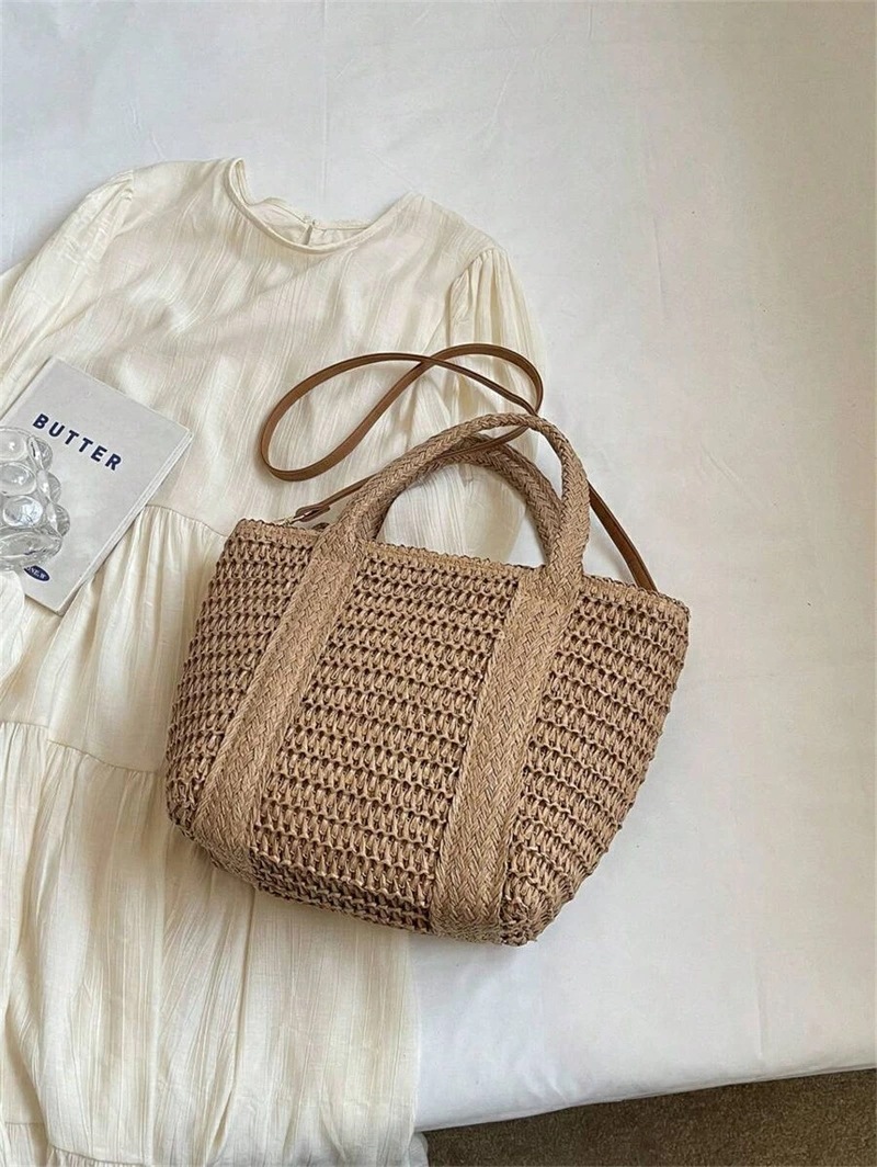 ホリデー柄 編み込みトートバッグファッショナブル 編み込みビーチバッグランチボックスバッグ無地 手作り編み込みバッグタッセル付きショルダーストラップカジュアル女性 バッグギフトに最適 - 編み込みバッ