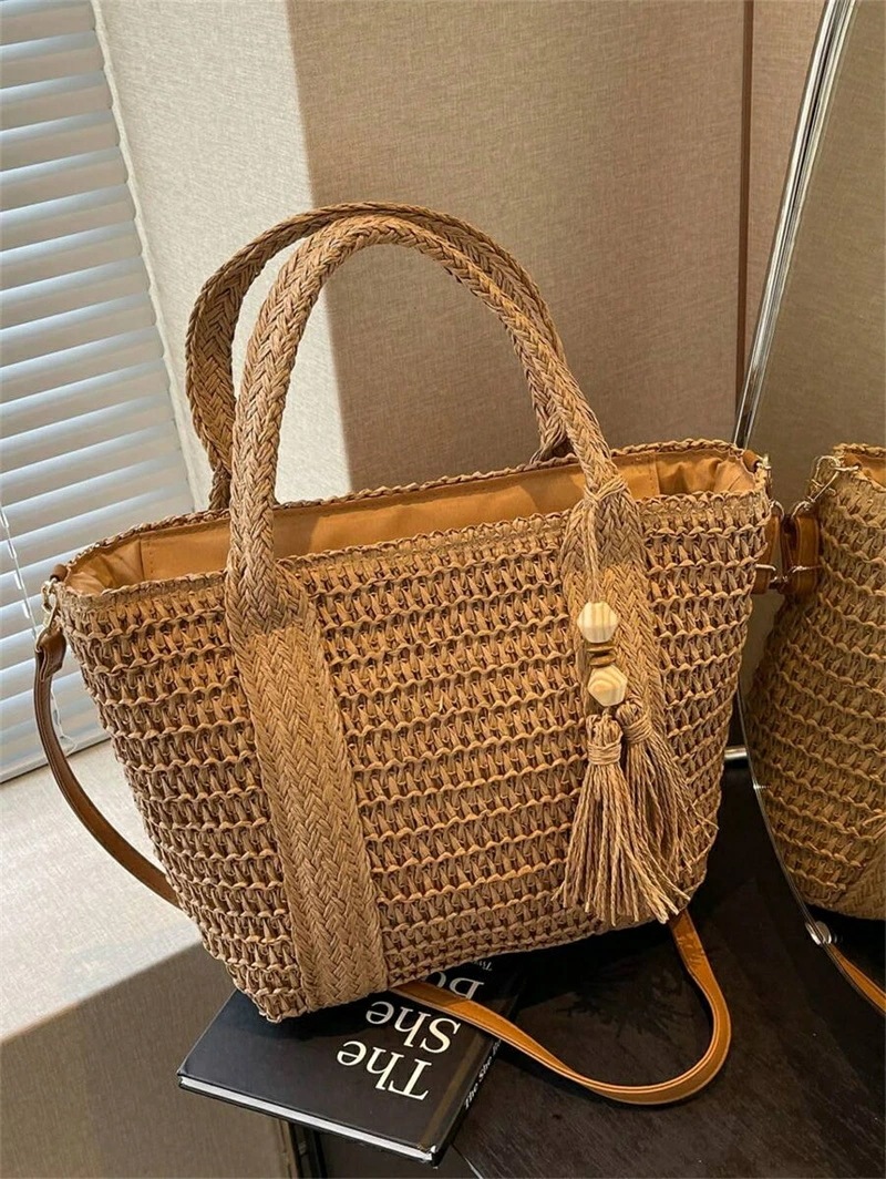 ホリデー柄 編み込みトートバッグファッショナブル 編み込みビーチバッグランチボックスバッグ無地 手作り編み込みバッグタッセル付きショルダーストラップカジュアル女性 バッグギフトに最適 - 編み込みバッ
