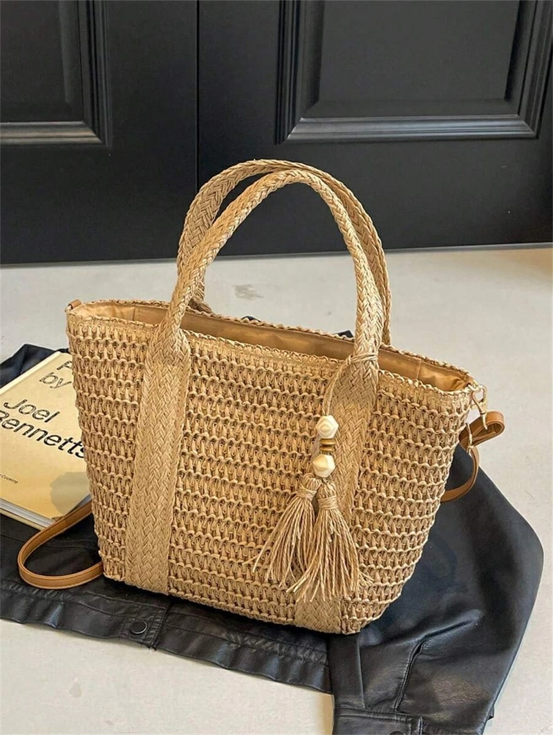 ホリデー柄 編み込みトートバッグファッショナブル 編み込みビーチバッグランチボックスバッグ無地 手作り編み込みバッグタッセル付きショルダーストラップカジュアル女性 バッグギフトに最適 - 編み込みバッ