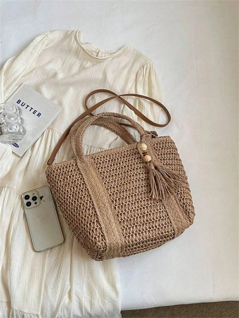 ホリデー柄 編み込みトートバッグファッショナブル 編み込みビーチバッグランチボックスバッグ無地 手作り編み込みバッグタッセル付きショルダーストラップカジュアル女性 バッグギフトに最適 - 編み込みバッ