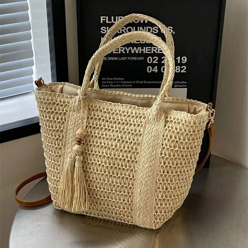 ホリデー柄 編み込みトートバッグファッショナブル 編み込みビーチバッグランチボックスバッグ無地 手作り編み込みバッグタッセル付きショルダーストラップカジュアル女性 バッグギフトに最適 - 編み込みバッ