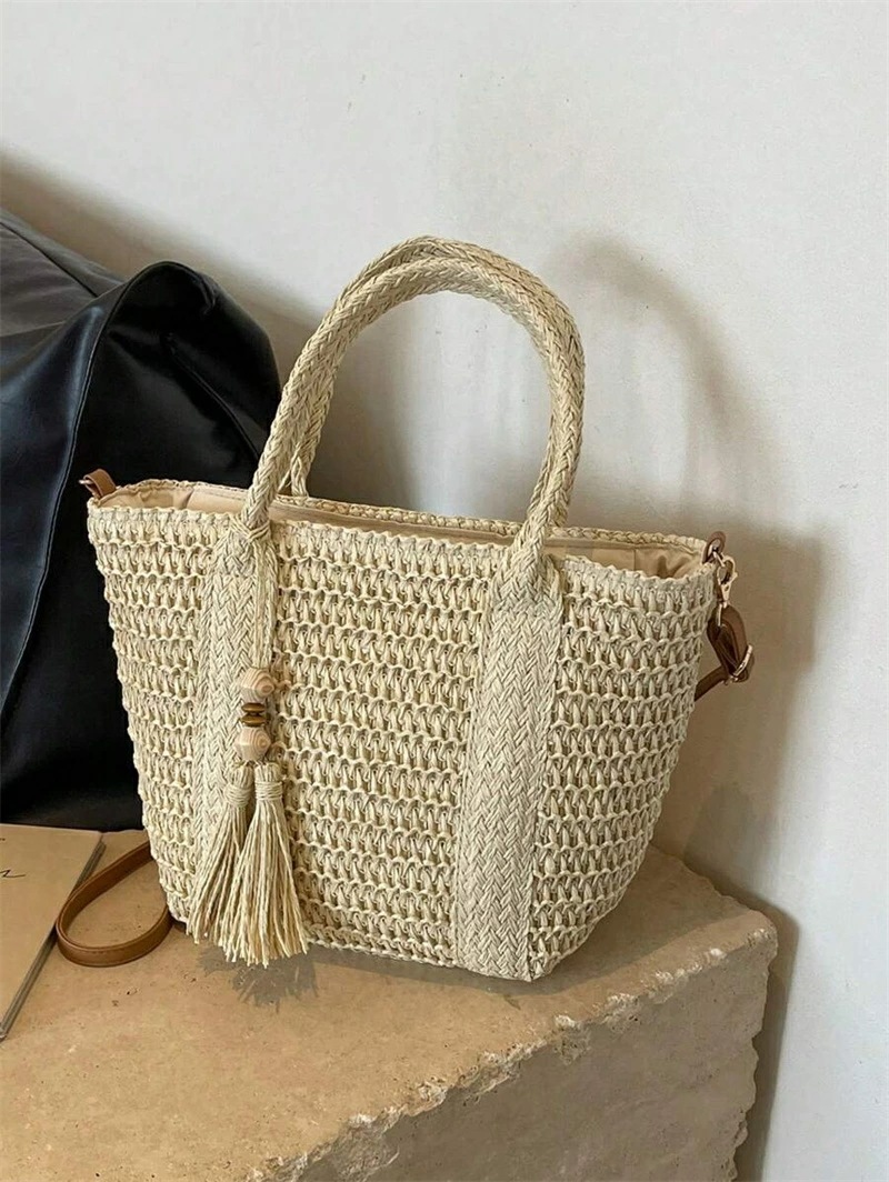 ホリデー柄 編み込みトートバッグファッショナブル 編み込みビーチバッグランチボックスバッグ無地 手作り編み込みバッグタッセル付きショルダーストラップカジュアル女性 バッグギフトに最適 - 編み込みバッ