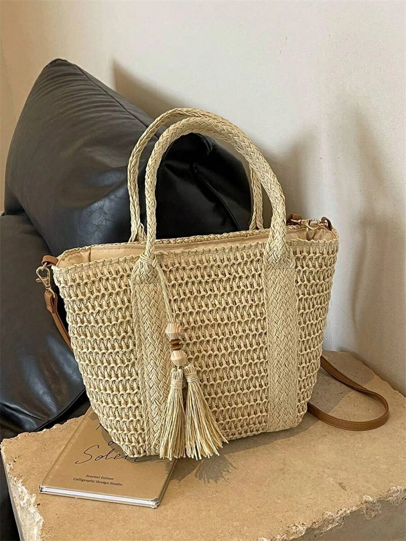 ホリデー柄 編み込みトートバッグファッショナブル 編み込みビーチバッグランチボックスバッグ無地 手作り編み込みバッグタッセル付きショルダーストラップカジュアル女性 バッグギフトに最適 - 編み込みバッ