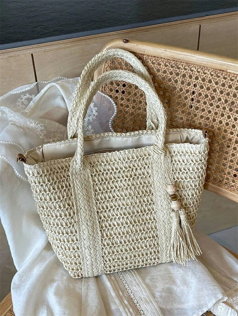 ホリデー柄 編み込みトートバッグファッショナブル 編み込みビーチバッグランチボックスバッグ無地 手作り編み込みバッグタッセル付きショルダーストラップカジュアル女性 バッグギフトに最適 - 編み込みバッ