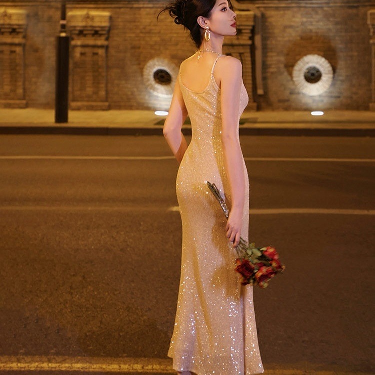 ドレス 衣装 ドレスワンピース イブニングドレス キャミソールドレス ロングドレス ロング丈 袖なし 胸元 谷間 スパンコール キラキラ マーメイドスカート ステージドレス 発表会 タイト