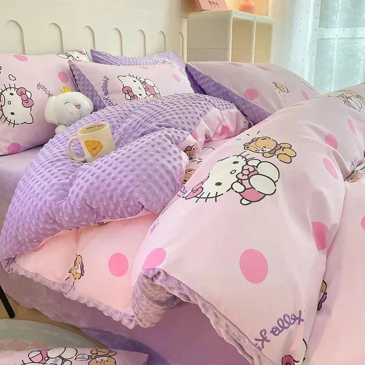 サンリオ純綿プラスベルベット4ピース漫画kt猫純綿ビーニー学生スリーピースベッドシーツとキルトカバー サンリオ純綿プラスベルベット4ピース漫画kt猫純綿ビーニー学生スリーピースベッドシーツとキルトカバー