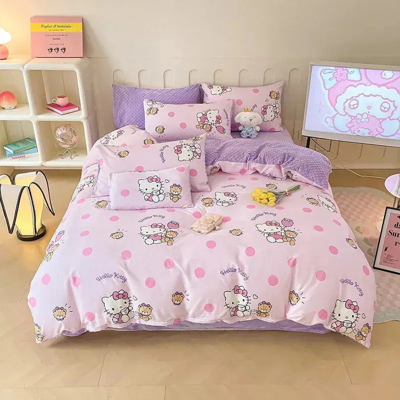 サンリオ純綿プラスベルベット4ピース漫画kt猫純綿ビーニー学生スリーピースベッドシーツとキルトカバー サンリオ純綿プラスベルベット4ピース漫画kt猫純綿ビーニー学生スリーピースベッドシーツとキルトカバー