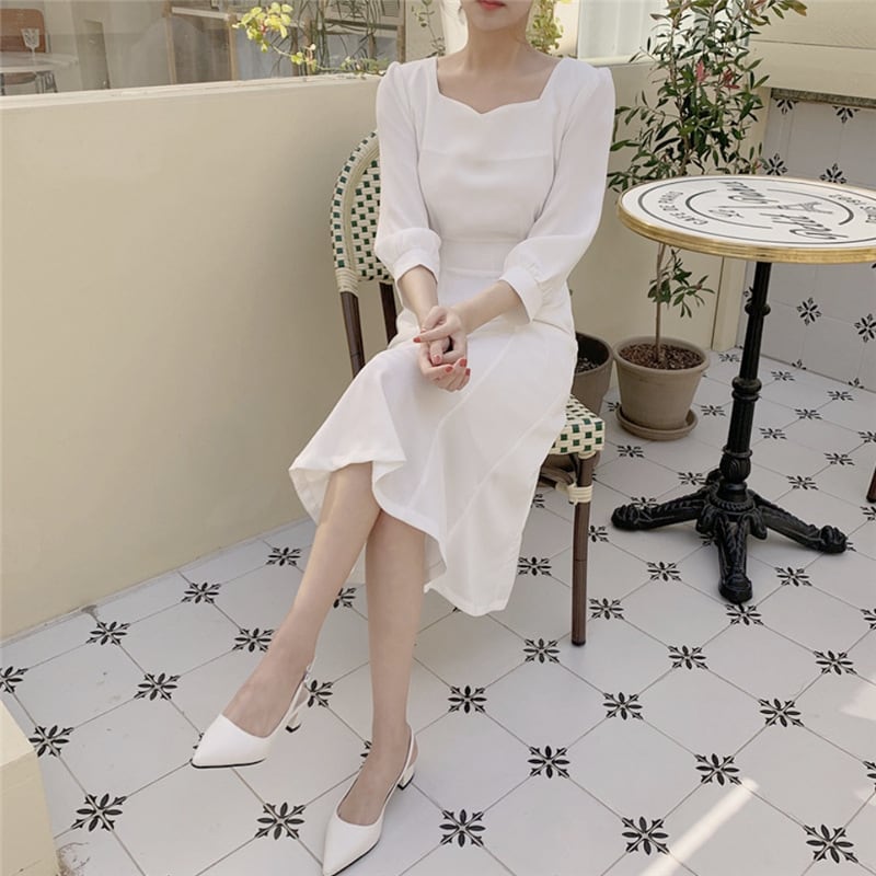 ワンピース 上着 人気 おすすめ おしゃれ お洒落 激安 安い プチプラ 長袖 ロング スクエアネック タイト 透け フレア とろみ 膝丈 無地 リボン 可愛い かわいい 韓国 シンプル l