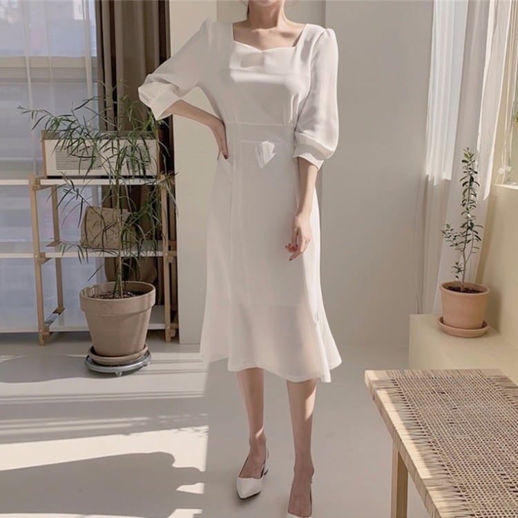 ワンピース 上着 人気 おすすめ おしゃれ お洒落 激安 安い プチプラ 長袖 ロング スクエアネック タイト 透け フレア とろみ 膝丈 無地 リボン 可愛い かわいい 韓国 シンプル l