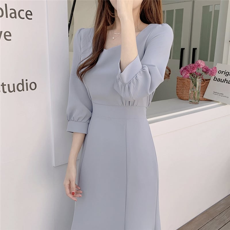 ワンピース 上着 人気 おすすめ おしゃれ お洒落 激安 安い プチプラ 長袖 ロング スクエアネック タイト 透け フレア とろみ 膝丈 無地 リボン 可愛い かわいい 韓国 シンプル l