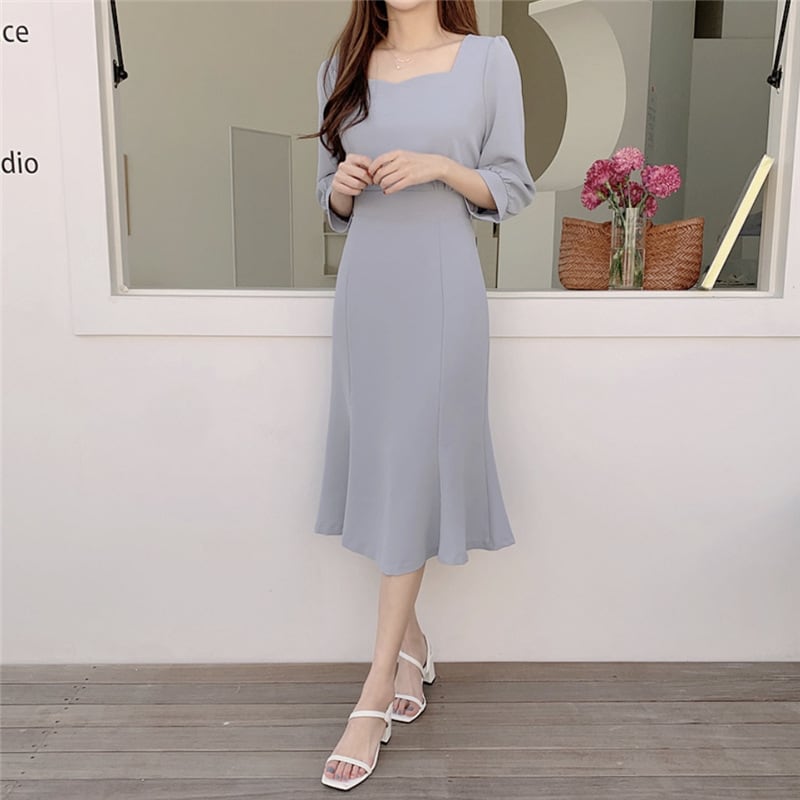 ワンピース 上着 人気 おすすめ おしゃれ お洒落 激安 安い プチプラ 長袖 ロング スクエアネック タイト 透け フレア とろみ 膝丈 無地 リボン 可愛い かわいい 韓国 シンプル l