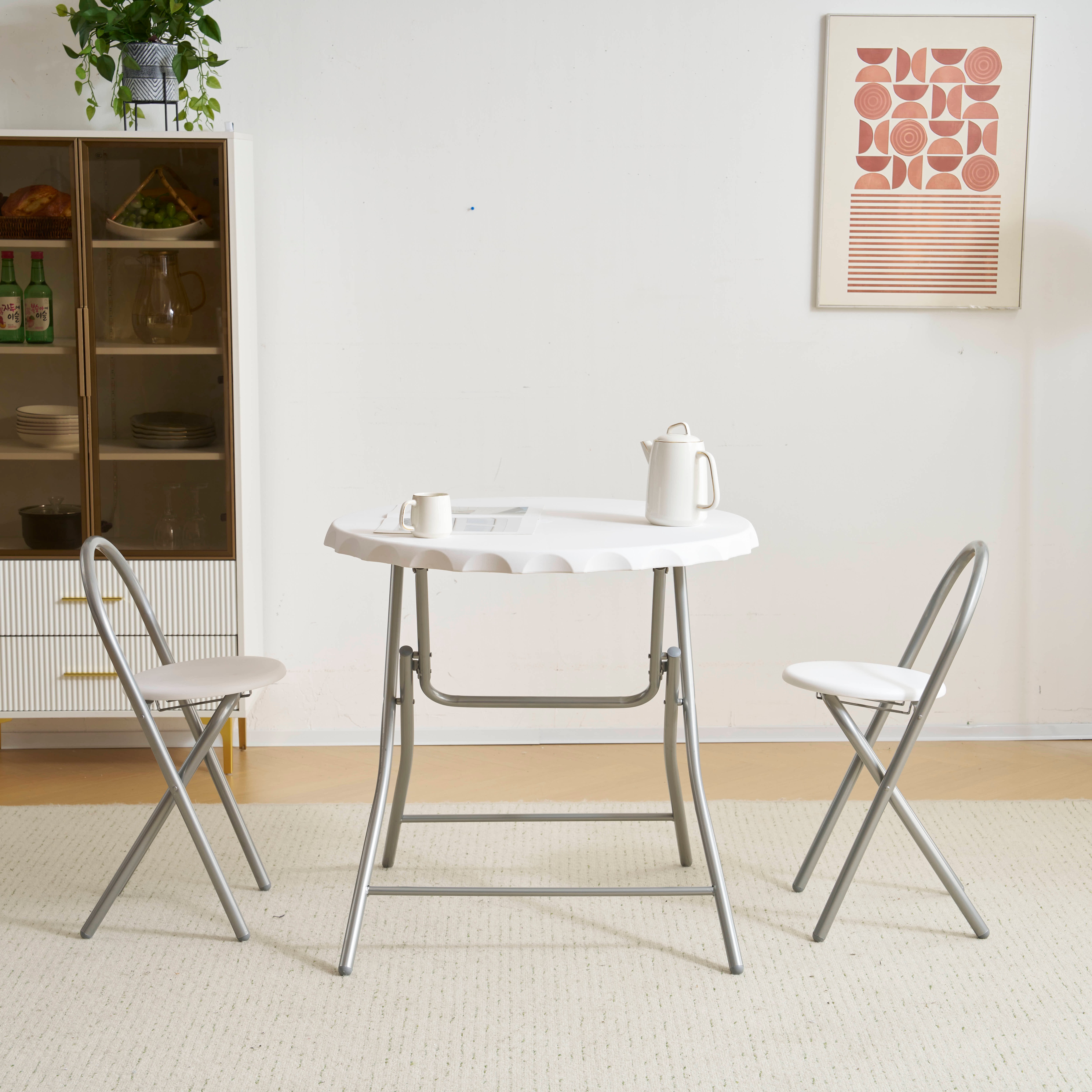 【国内出荷 - 3日配達】ダイニングセット 2人用 3点セット 折りたたみ 丸 テーブル 直径80.5cm カフェテーブルセット おしゃれ コンパクト 完成品 円形 円卓 ボトルキャップの形状2人掛け