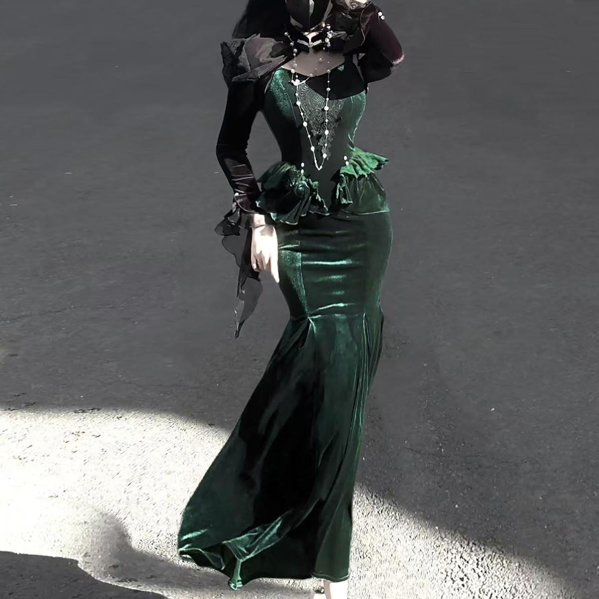 【フルセット】幽暗森林lolitaベルベット魚尾スカートワンピースロリータドレス 【フルセット】幽暗森林lolitaベルベット魚尾スカートワンピースロリータドレス