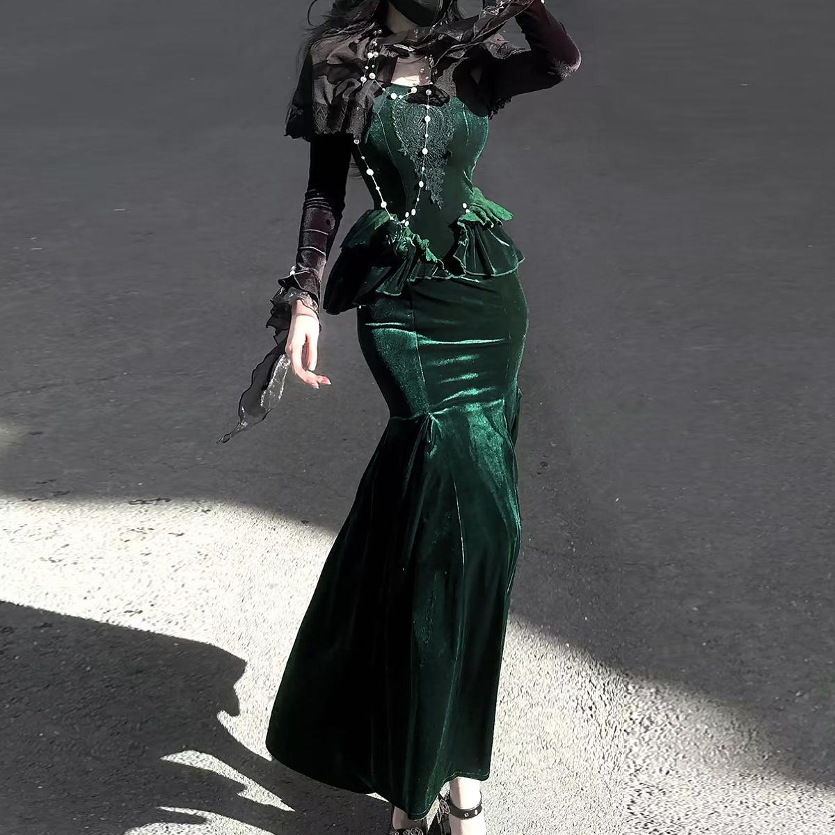 【フルセット】幽暗森林lolitaベルベット魚尾スカートワンピースロリータドレス 【フルセット】幽暗森林lolitaベルベット魚尾スカートワンピースロリータドレス