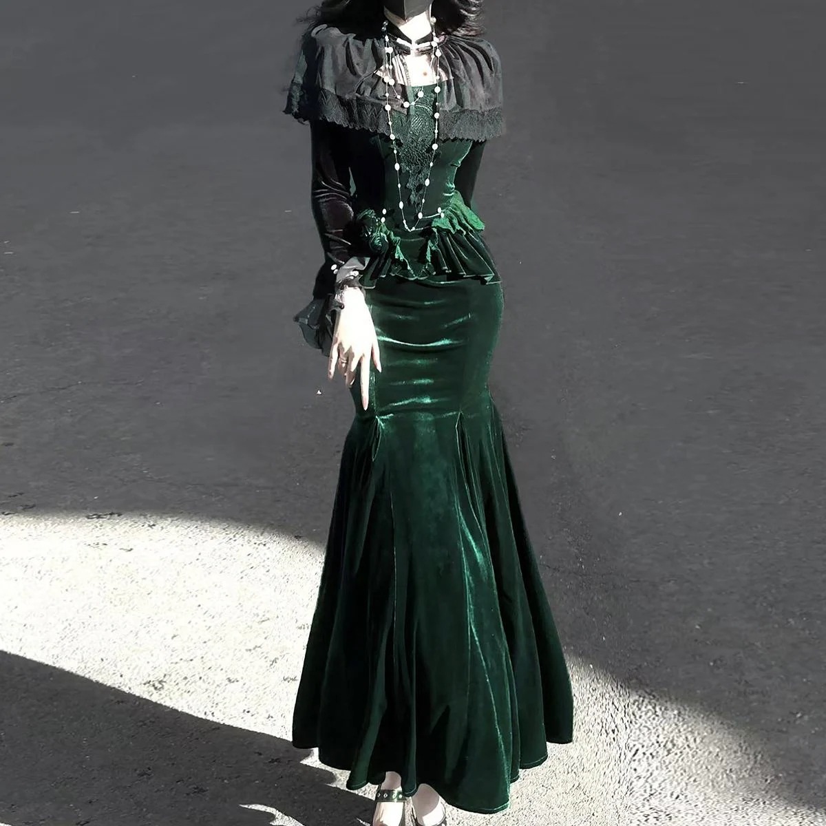 【フルセット】幽暗森林lolitaベルベット魚尾スカートワンピースロリータドレス 【フルセット】幽暗森林lolitaベルベット魚尾スカートワンピースロリータドレス